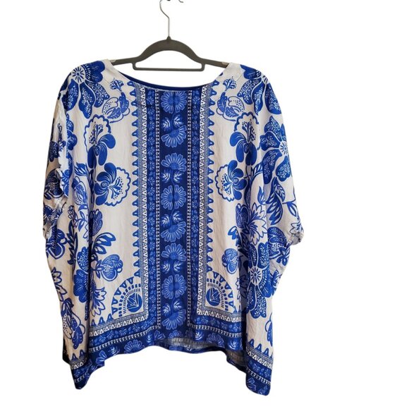 Umgee Floral Border Pattern Round Neck Short Sleeves Oversized Blouse Blue  L - Picture 2 of 14